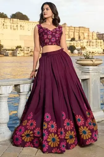 Printed Sequinned Semi-Stitched Lehenga With Unstitched Blouse And Dupatta