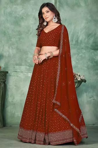 Embroidered Semi-Stitched Lehenga & Unstitched Blouse With Dupatta