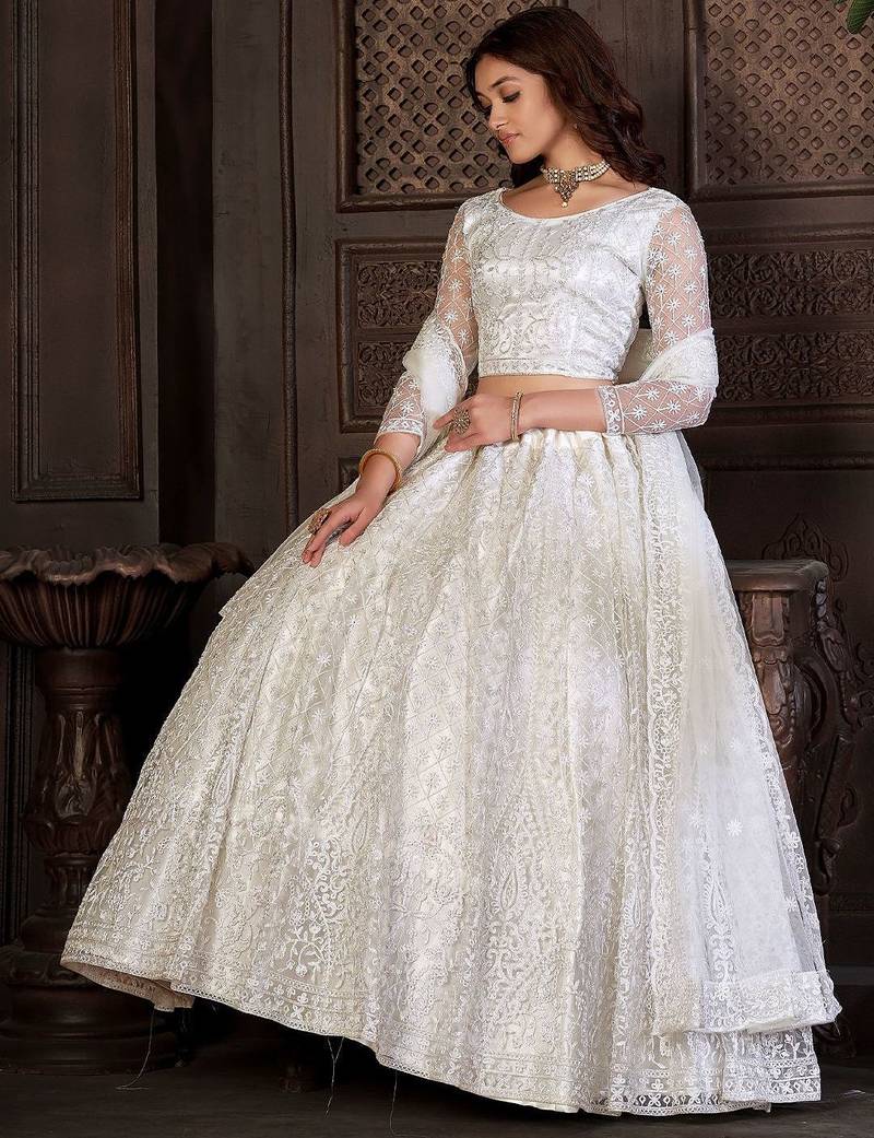 Embroidered Net Semi-Stitched Lehenga & Unstitched Blouse With Dupatta