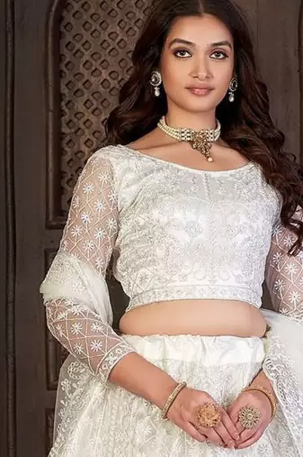 Embroidered Net Semi-Stitched Lehenga & Unstitched Blouse With Dupatta