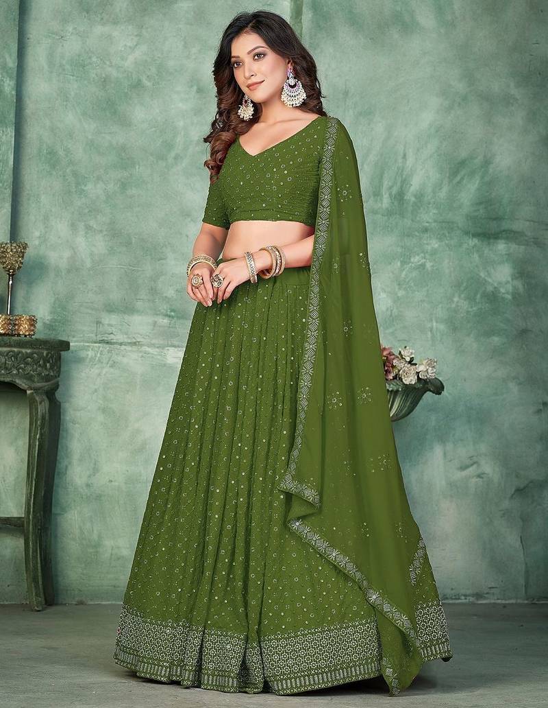 Embroidered Semi-Stitched Lehenga & Unstitched Blouse With Dupatta