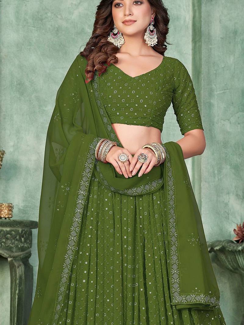 Embroidered Semi-Stitched Lehenga & Unstitched Blouse With Dupatta