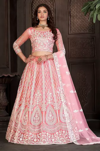 Embroidered Thread Work Semi-Stitched Lehenga & Unstitched Blouse With Dupatta