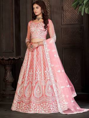 Embroidered Thread Work Semi-Stitched Lehenga & Unstitched Blouse With Dupatta 4