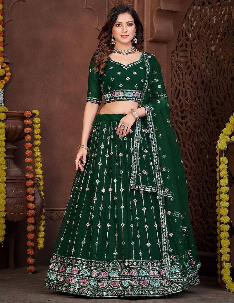 Embroidered Sequinned Semi-Stitched Lehenga & Unstitched Blouse With Dupatta