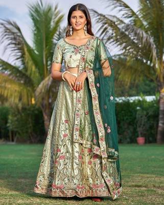Embroidered Satin Semi-Stitched Lehenga & Unstitched Blouse & Dupatta 1