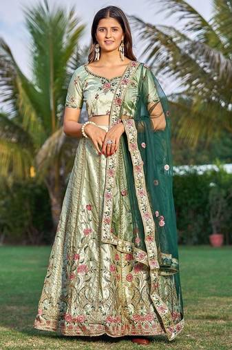 Embroidered Satin Semi-Stitched Lehenga & Unstitched Blouse & Dupatta