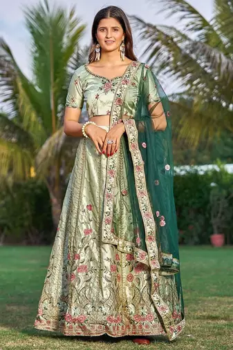 Embroidered Satin Semi-Stitched Lehenga & Unstitched Blouse & Dupatta