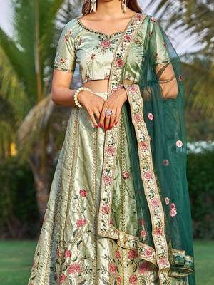 Embroidered Satin Semi-Stitched Lehenga & Unstitched Blouse & Dupatta 2