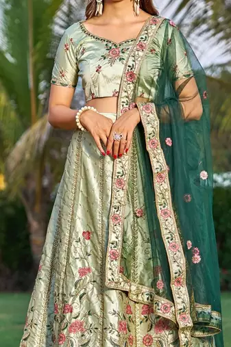 Embroidered Satin Semi-Stitched Lehenga & Unstitched Blouse & Dupatta
