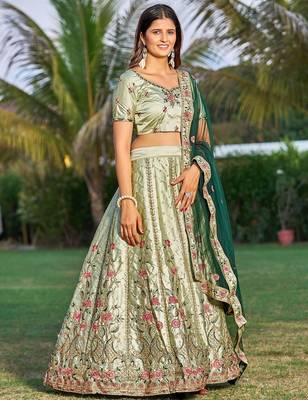 Embroidered Satin Semi-Stitched Lehenga & Unstitched Blouse & Dupatta 3