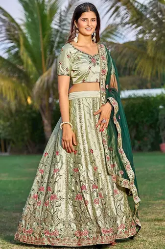 Embroidered Satin Semi-Stitched Lehenga & Unstitched Blouse & Dupatta