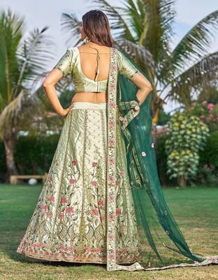 Embroidered Satin Semi-Stitched Lehenga & Unstitched Blouse & Dupatta 4