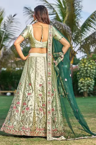 Embroidered Satin Semi-Stitched Lehenga & Unstitched Blouse & Dupatta