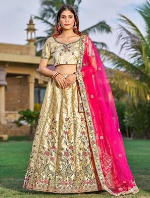 Embroidered Satin Semi-Stitched Lehenga & Unstitched Blouse With Dupatta 1