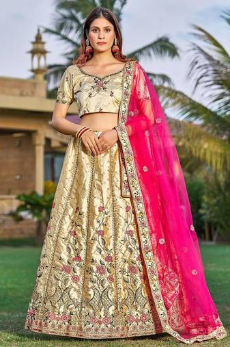 Embroidered Satin Semi-Stitched Lehenga & Unstitched Blouse With Dupatta