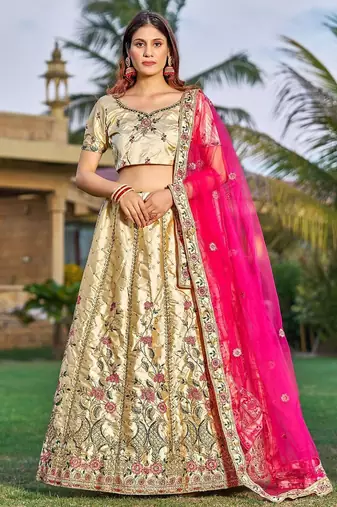 Embroidered Satin Semi-Stitched Lehenga & Unstitched Blouse With Dupatta