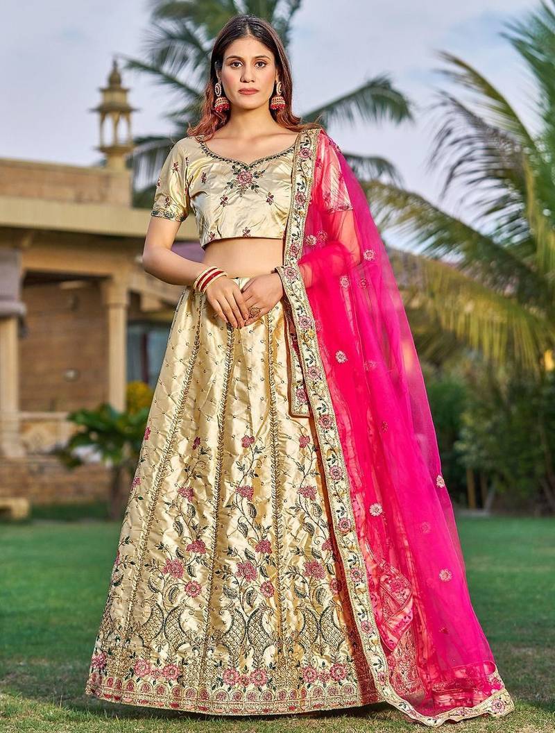 Embroidered Satin Semi-Stitched Lehenga & Unstitched Blouse With Dupatta
