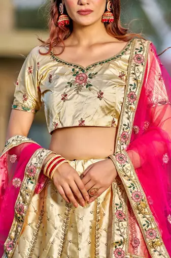 Embroidered Satin Semi-Stitched Lehenga & Unstitched Blouse With Dupatta