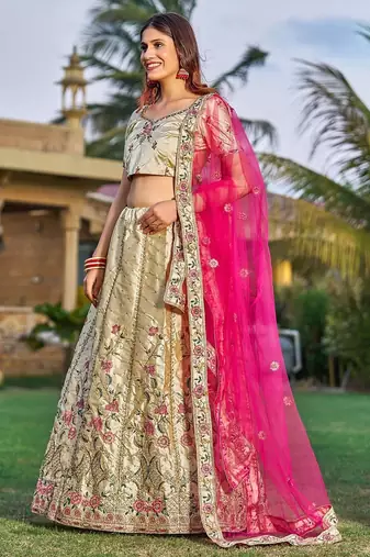 Embroidered Satin Semi-Stitched Lehenga & Unstitched Blouse With Dupatta