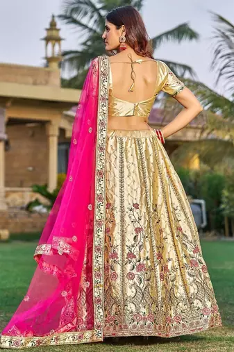 Embroidered Satin Semi-Stitched Lehenga & Unstitched Blouse With Dupatta