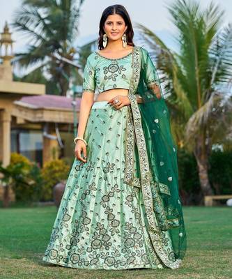 Embroidered Sequinned Satin Semi-Stitched Lehenga & Unstitched Blouse & Dupatta 1