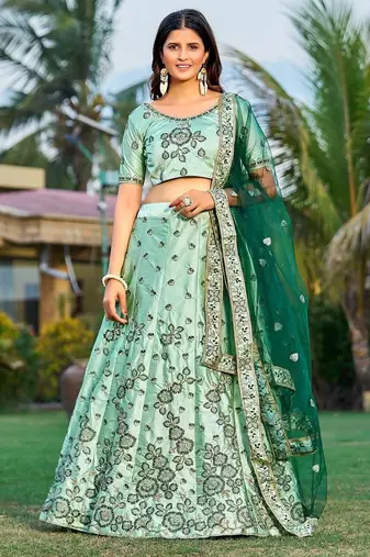 Embroidered Sequinned Satin Semi-Stitched Lehenga & Unstitched Blouse & Dupatta