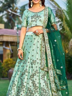 Embroidered Sequinned Satin Semi-Stitched Lehenga & Unstitched Blouse & Dupatta 2