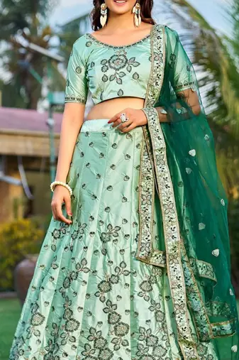 Embroidered Sequinned Satin Semi-Stitched Lehenga & Unstitched Blouse & Dupatta