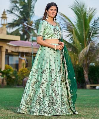 Embroidered Sequinned Satin Semi-Stitched Lehenga & Unstitched Blouse & Dupatta 3