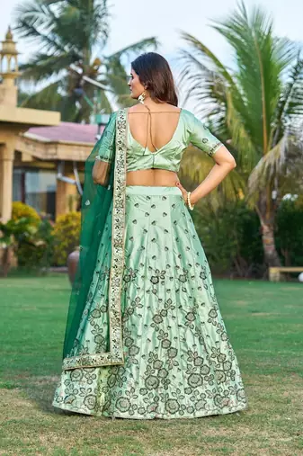 Embroidered Sequinned Satin Semi-Stitched Lehenga & Unstitched Blouse & Dupatta
