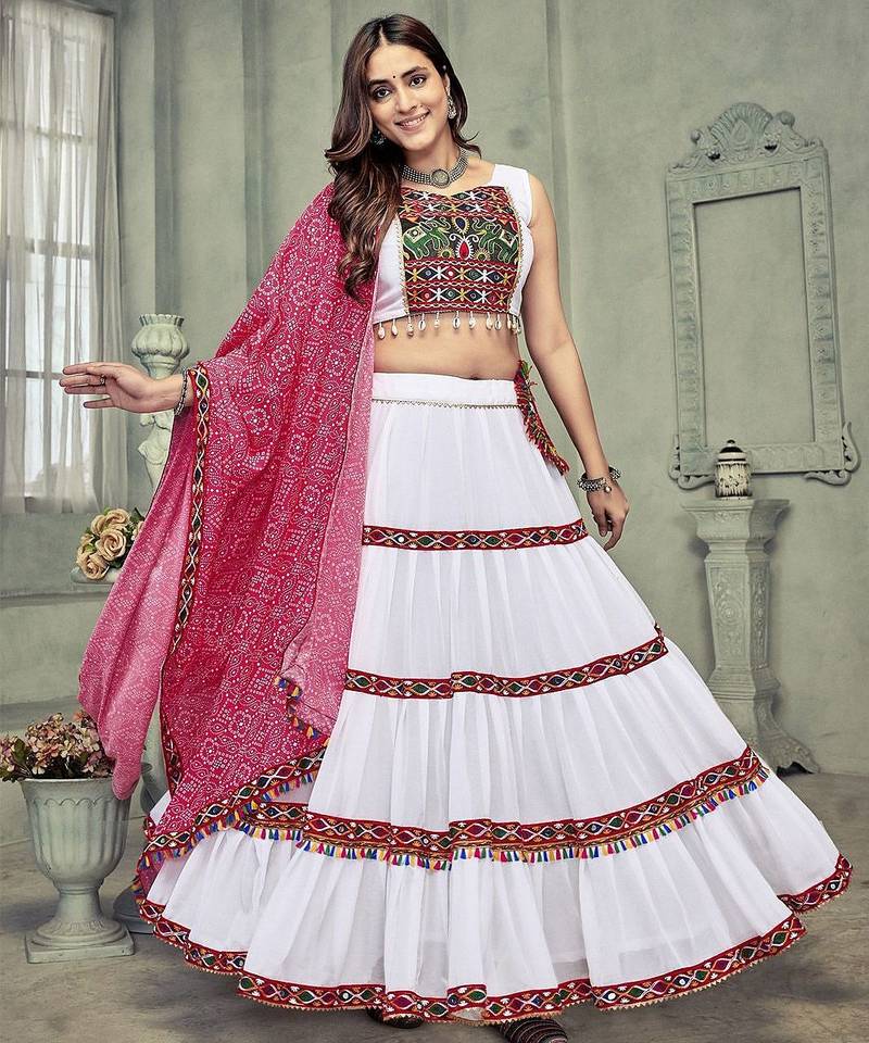 Embroidered Thread Work Semi-Stitched Lehenga & Unstitched Blouse With Dupatta