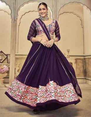 Embroidered Thread Work Semi-Stitched Lehenga & Unstitched Blouse With Dupatta 4