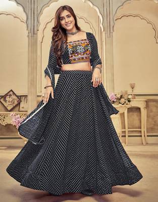 Printed Thread Work Semi-Stitched Lehenga & Unstitched Blouse With Dupatta 1