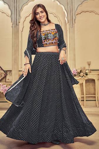 black printed thread work georgette navratri lehenga choli