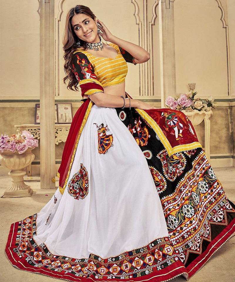 Embroidered Thread Work Semi-Stitched Lehenga & Unstitched Blouse With Dupatta