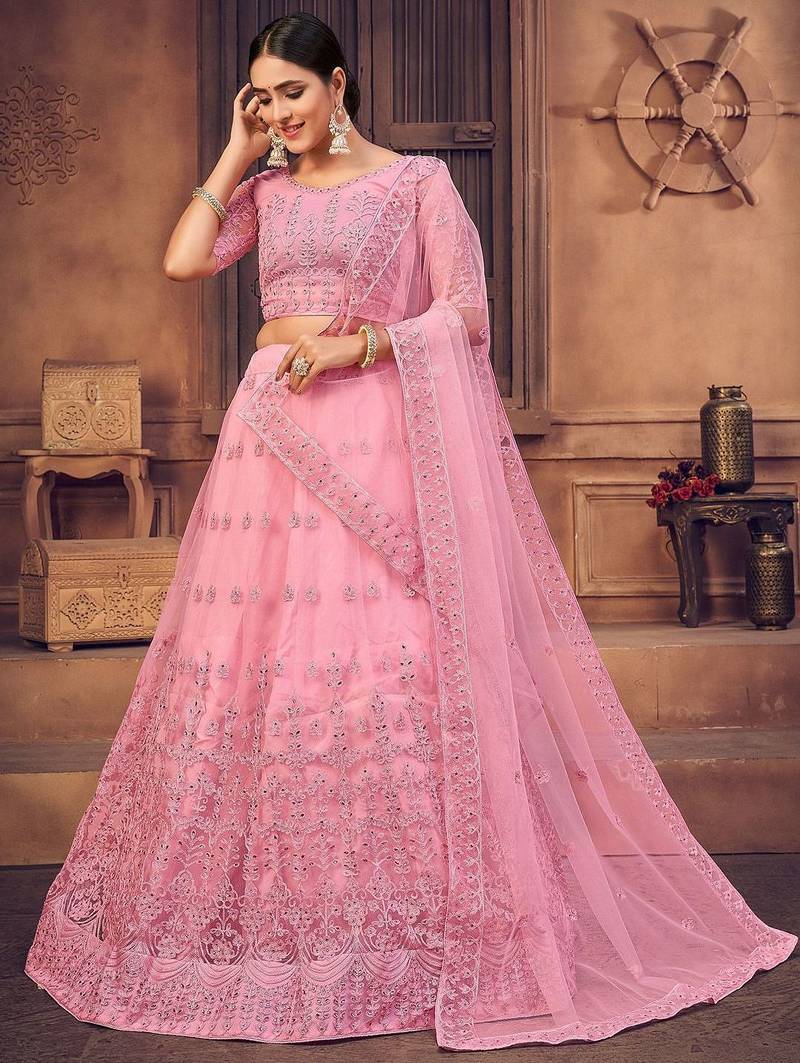 Embroidered Thread Work Semi-Stitched Lehenga & Unstitched Blouse With Dupatta