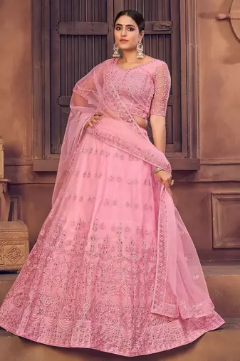 Embroidered Thread Work Semi-Stitched Lehenga & Unstitched Blouse With Dupatta