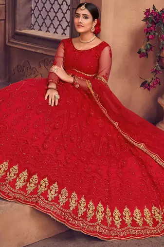Embroidered Thread Work Semi-Stitched Lehenga & Unstitched Blouse With Dupatta