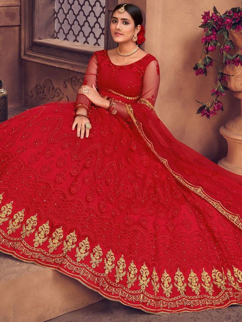 Embroidered Thread Work Semi-Stitched Lehenga & Unstitched Blouse With Dupatta
