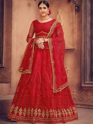 Embroidered Thread Work Semi-Stitched Lehenga & Unstitched Blouse With Dupatta 2