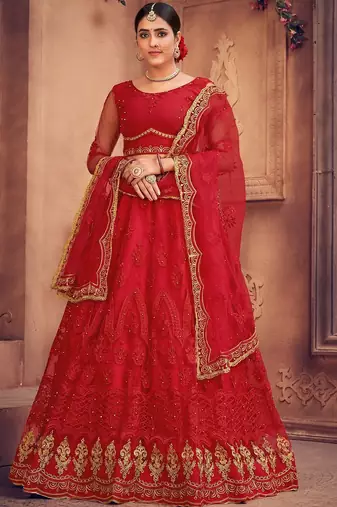 Embroidered Thread Work Semi-Stitched Lehenga & Unstitched Blouse With Dupatta