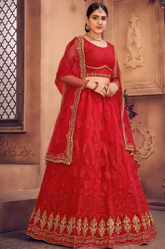 Embroidered Thread Work Semi-Stitched Lehenga & Unstitched Blouse With Dupatta