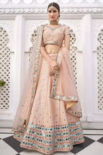 Light Peach Art Silk A Line Lehenga With Mirror Embroidered Work For Women's Bridal Choli