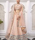 Light Peach Art Silk A Line Lehenga With Mirror Embroidered Work For Women's Bridal Choli