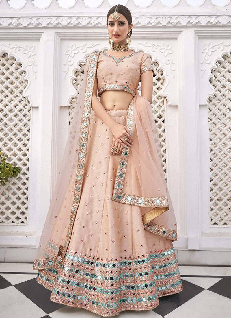 Light Peach Art Silk A Line Lehenga With Mirror Embroidered Work For Women's Bridal Choli
