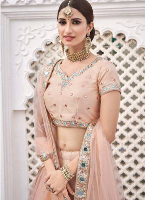 Light Peach Art Silk A Line Lehenga With Mirror Embroidered Work For Women's Bridal Choli 2
