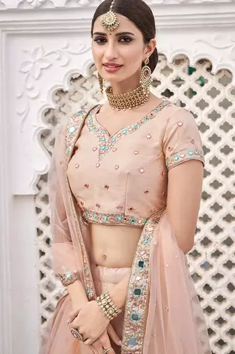 Light Peach Art Silk A Line Lehenga With Mirror Embroidered Work For Women's Bridal Choli