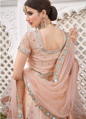 Light Peach Art Silk A Line Lehenga With Mirror Embroidered Work For Women's Bridal Choli 3