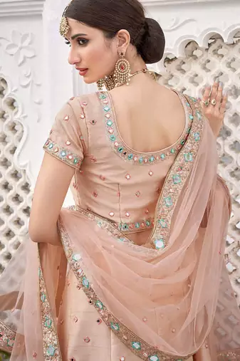 Light Peach Art Silk A Line Lehenga With Mirror Embroidered Work For Women's Bridal Choli